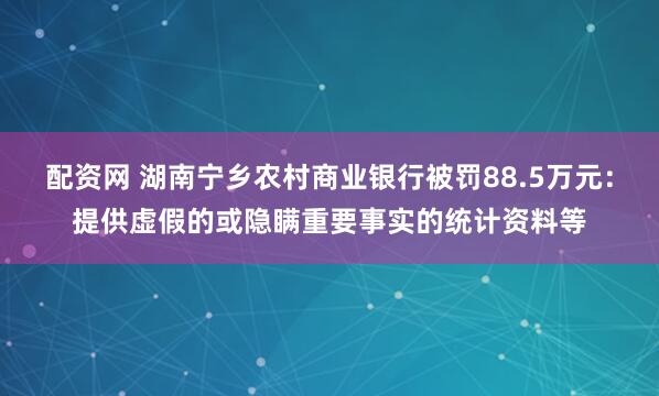 配资网 湖南宁乡农村商业银行被罚88.5万元：提供虚假的或隐瞒重要事实的统计资料等